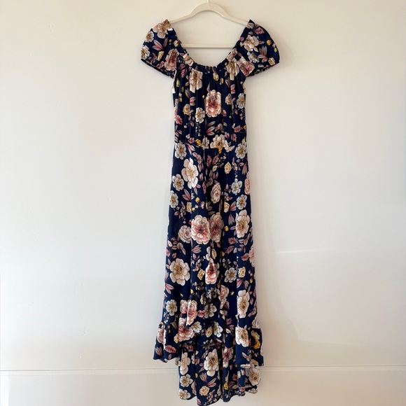 NWT Aqua Floral Off-Shoulder Ruffle Maxi Dress Navy Pink | Womens XS - Picture 3 of 11